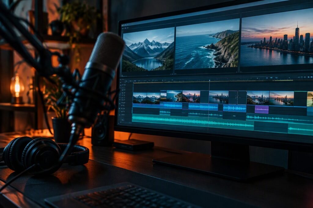 Video editing timeline with landscape footage and a studio microphone