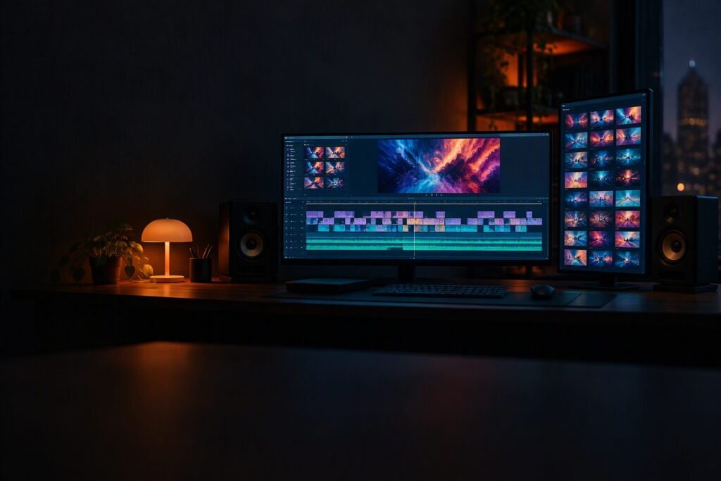 Video editing studio with a timeline on a wide monitor