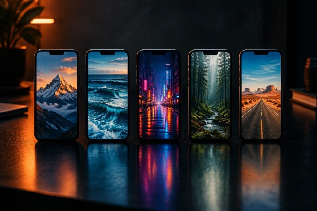 Five phones showing vertical video frames of mountains, ocean, city, forest and desert