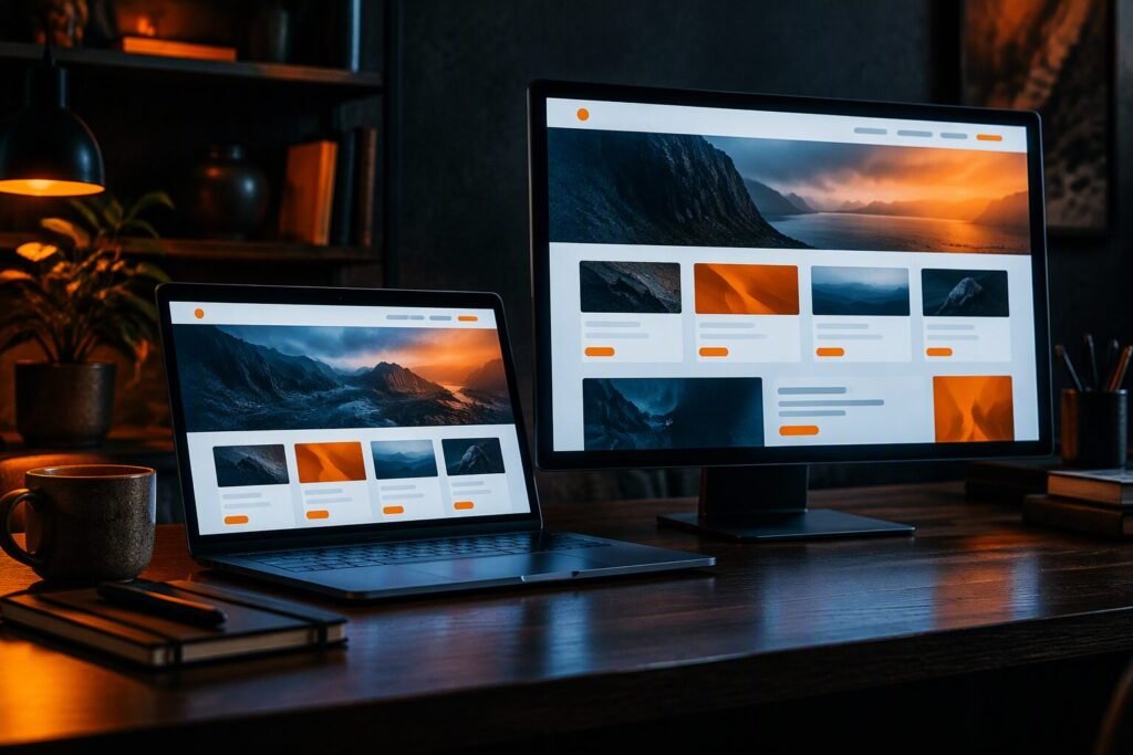 Laptop and monitor showing a modern website layout